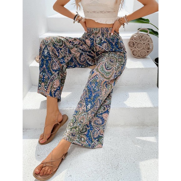 high waisted boho Paisley Print Wide Leg Pants 70s blue - Picture 1 of 11